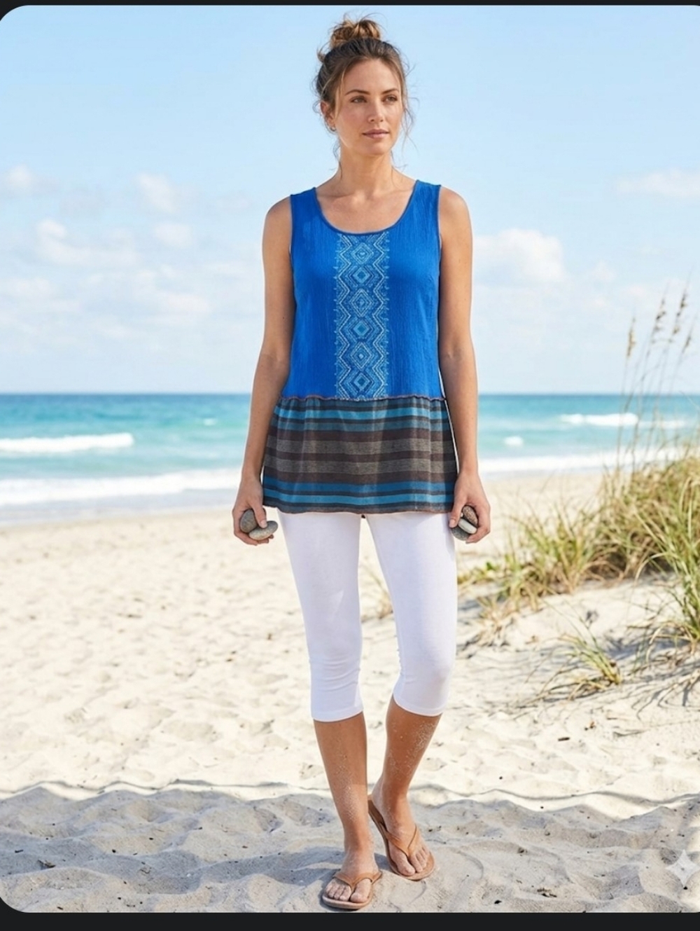 Upcycled Embroidered Tank Top Tunic L-XL Blue Knit